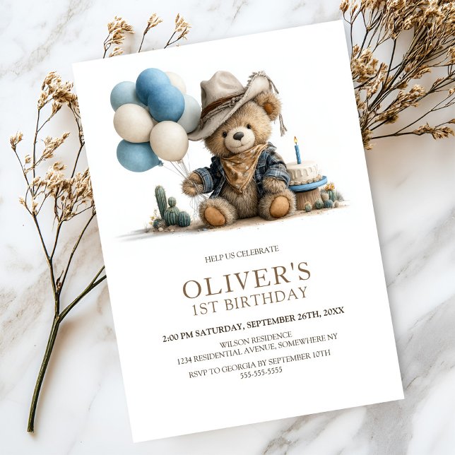 Western Teddy Bear 1st Birthday Party Invitation (Creator Uploaded)