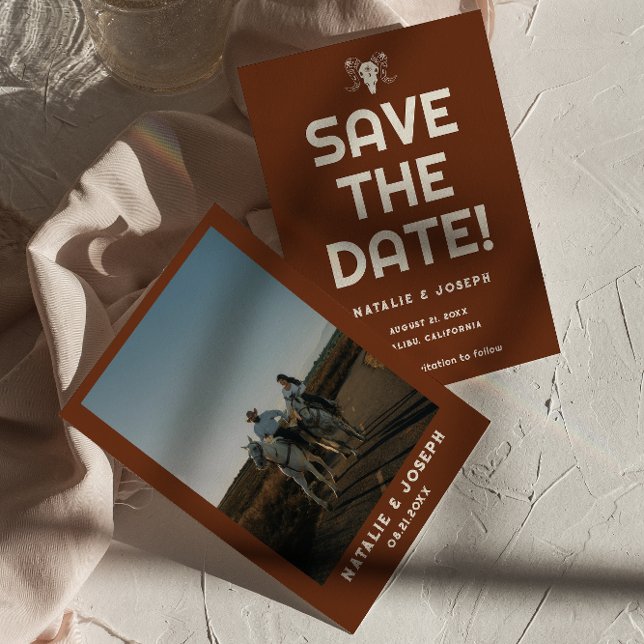 Western Terracotta Bull Skull Modern West Wedding Save The Date (Creator Uploaded)