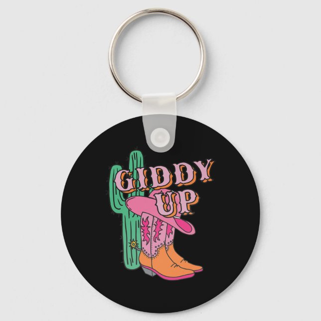 Western Texas Giddy Up Cowgirl Cowboy Boots Cactus Key Ring (Front)