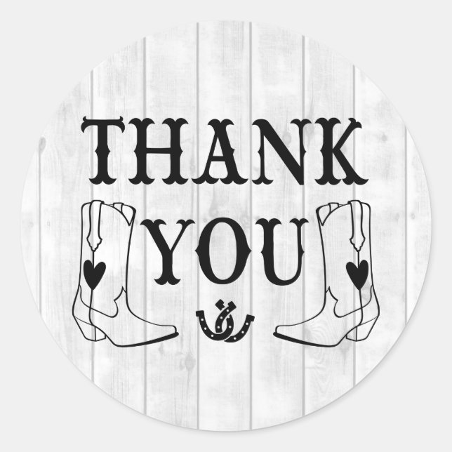 Western Thank You Wood Country Wedding Cowboy Boot Classic Round Sticker (Front)