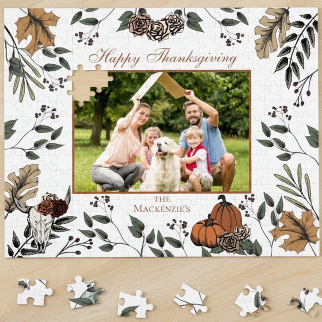 Western Thanksgiving Fall Harvest Family Photo Jigsaw Puzzle (Country Western Fall Floral Cow Skull Thanksgiving Family Photo Puzzle. Autumn Leaves Pumpkins Roses)