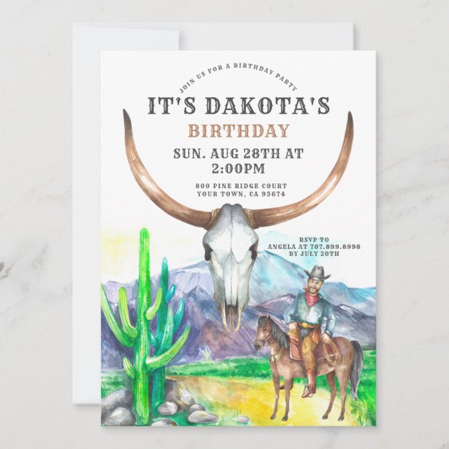 Western Theme Cow Skull Watercolor Birthday Party  Invitation (Front)