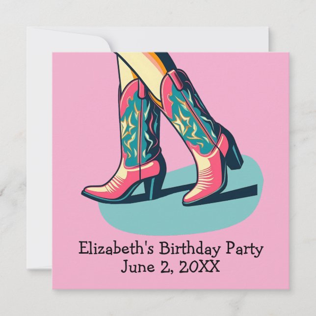 Western Theme Cowgirl Boots Girl Birthday Party Invitation (Front)