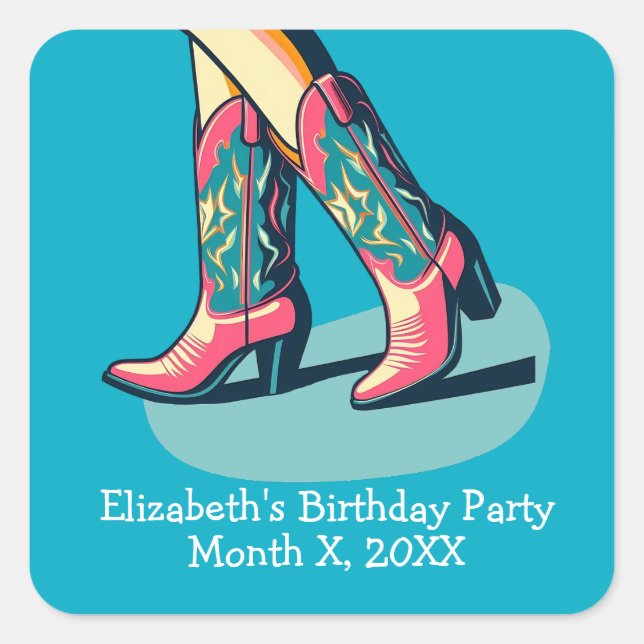 Western Theme Cowgirl Boots Girl Birthday Party Square Sticker (Front)