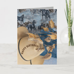 Western theme hat, horse, milk weed Birthday scene Card