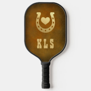 Western Theme Horseshoe Brown & Gold Monogram Pickleball Paddle