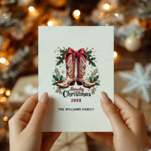 Western Theme Howdy Christmas Cowgirl Boots Holiday Card
