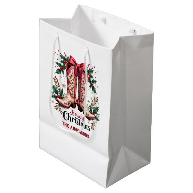 Western Theme Howdy Christmas Cowgirl Boots Medium Gift Bag (Front Angled)