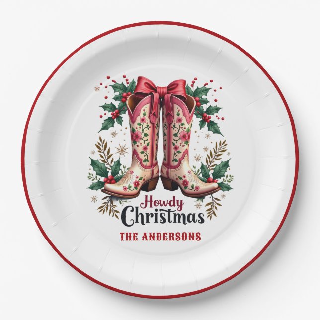 Western Theme Howdy Christmas Cowgirl Boots Paper Plate (Front)