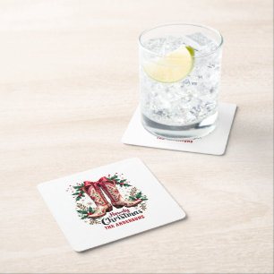 Western Theme Howdy Christmas Cowgirl Boots Square Paper Coaster