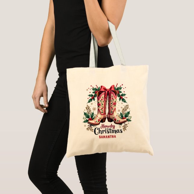Western Theme Howdy Christmas Cowgirl Boots Tote Bag (Front (Product))