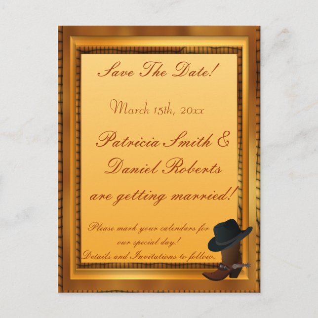 Western Theme with Boot & Hat Announcement Postcard (Front)
