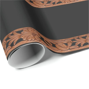 Western Tooled Leather Belt Print On Black Wrapping Paper