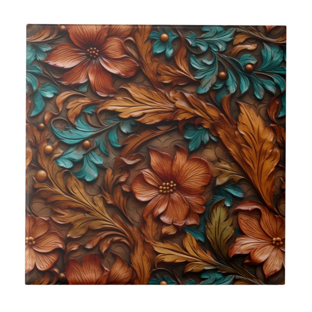 Western Tooled Leather Ceramic Tile (Front)
