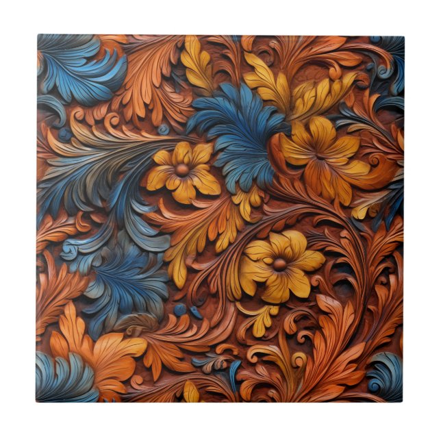 Western Tooled Leather Ceramic Tile (Front)