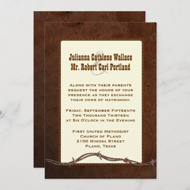 Western Tooled Leather Custom Wedding Invitation (Front/Back)