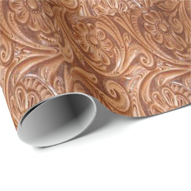 Western Tooled Leather Flower Gift Wrapping Paper (Roll Corner)