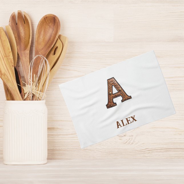 Western Tooled Leather Initial Monogram A Tea Towel (Creator Uploaded)