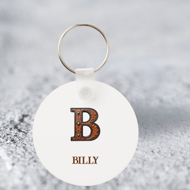 Western Tooled Leather Initial Monogram B Key Ring (Creator Uploaded)