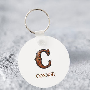 Western Tooled Leather Initial Monogram C Key Ring