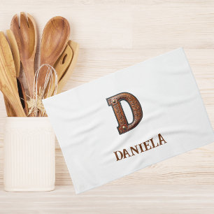 Western Tooled Leather Initial Monogram D Tea Towel