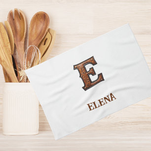 Western Tooled Leather Initial Monogram E Tea Towel