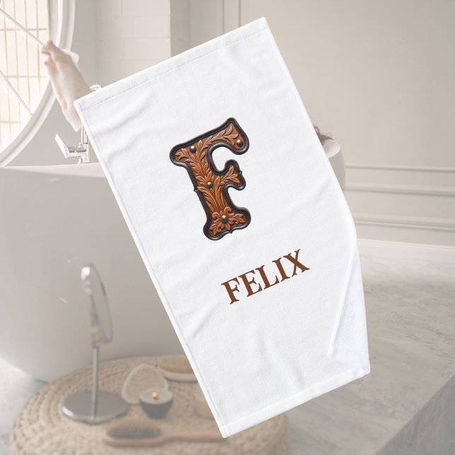 Western Tooled Leather Initial Monogram F Bath Towel (Creator Uploaded)