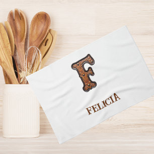Western Tooled Leather Initial Monogram F Tea Towel