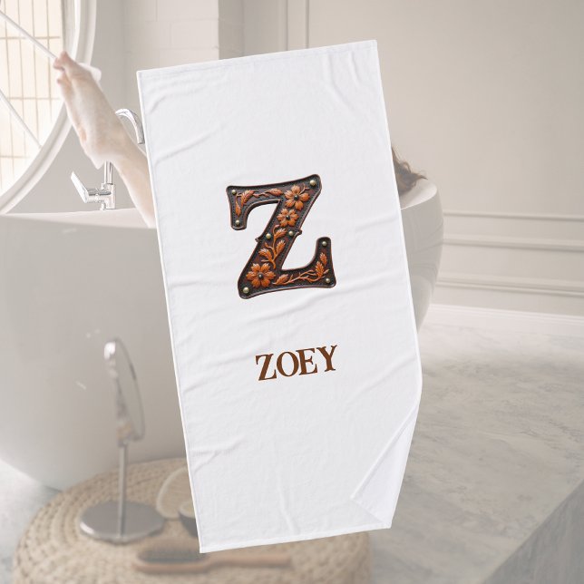 Western Tooled Leather Initial Monogram Z Bath Towel (Creator Uploaded)