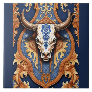 Western Tooled Leather Look Cow Head Ceramic Tile