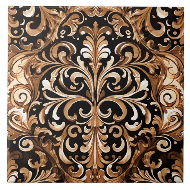 Western Tooled Leather Look Design Tan Brown Ceramic Tile (Front)