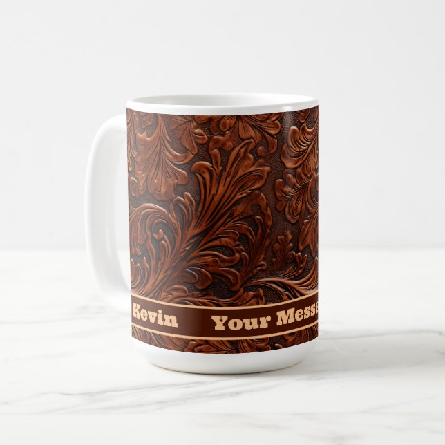 Western Tooled Leather Pattern Personalised  Coffee Mug (Front Left)
