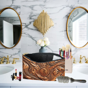 Western Tooled Leather Print Custom Initial Accessory Pouch