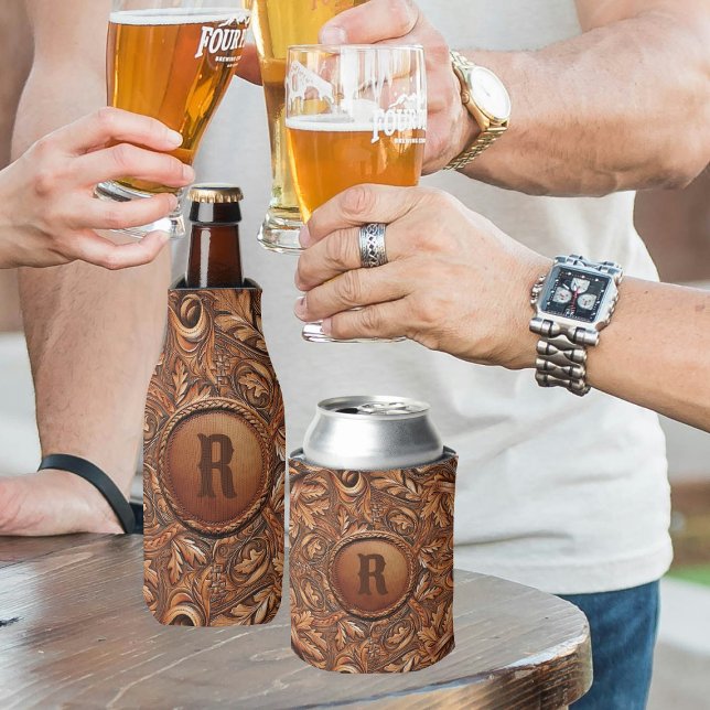 Western Tooled Leather Print Custom Initial  Can Cooler (Western Tooled Leather Collection 
Custom Initial  Can or Bottle Cooler.)