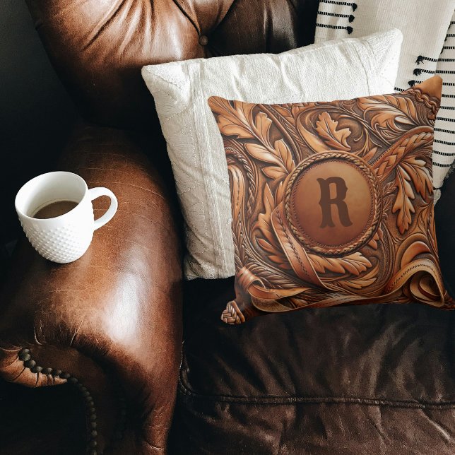 Western Tooled Leather Print Custom Initial Cushion (Western Tooled Leather Collection 
Custom Initial Throw Pillow)
