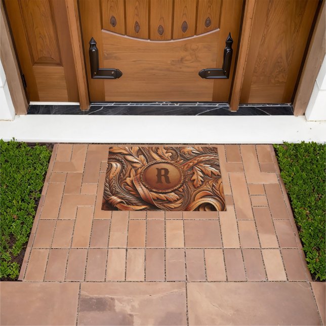 Western Tooled Leather Print Custom Initial  Doormat (Outdoor)