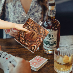 Western Tooled Leather Print Custom Initial Hip Flask