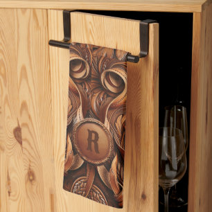 Western Tooled Leather Print Custom Initial Tea Towel