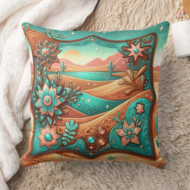 Western Tooled Leather Print Southwest Style Cushion (Blanket)