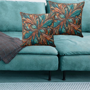 Western Tooled Leather Print Turquoise Copper Cushion
