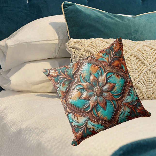 Western Tooled Leather Print Turquoise Copper Cushion (Western Tooled Leather Print Turquoise Copper Throw Pillow)