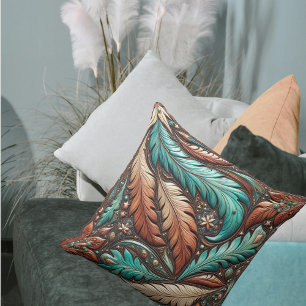 Western Tooled Leather Turquoise Feathers Cushion