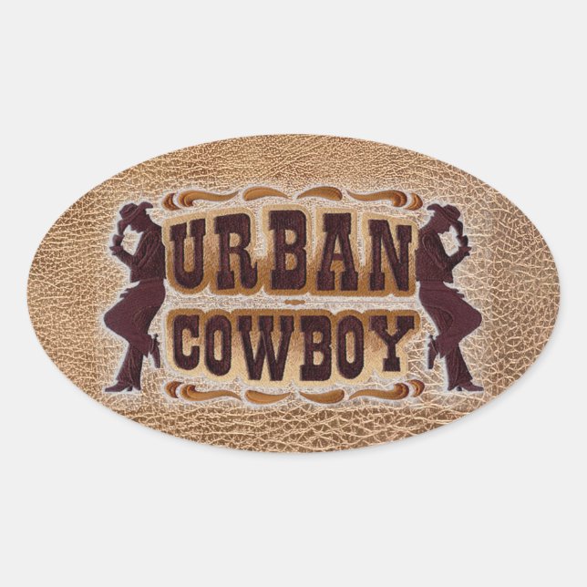 Western tooled leather Urban Cowboy Oval Sticker (Front)