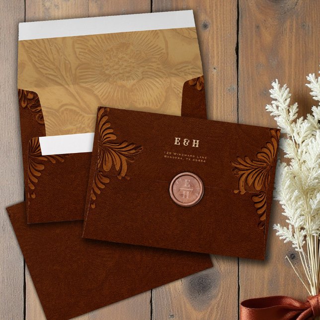 Western Tooled Rustic Terracotta Cream Wedding Envelope (country rustic cowboy wedding envelope faux tooled leather terracotta rust copper western barn)