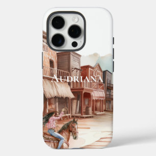 Western town girl on horse iPhone 16 pro case
