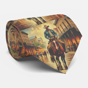 Western Town With Cowboy On Horse Tie