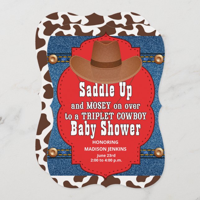 Western Triplet Cowboys Baby Shower Invitation (Front/Back)