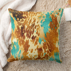 Western Turquoise Brown Cream Cowhide  Cushion
