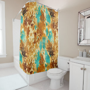 Western Turquoise Brown Cream Cowhide  Shower Curtain