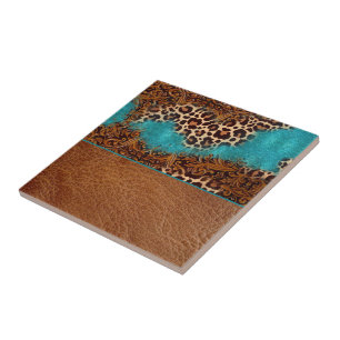 Western Turquoise Glitter Flourish Leather Leopard Ceramic Tile